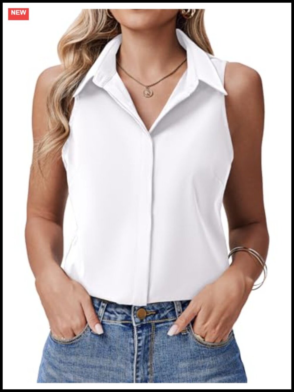 Sleeveless Button Down Shirt Loose Fit V-Neck Office Wear